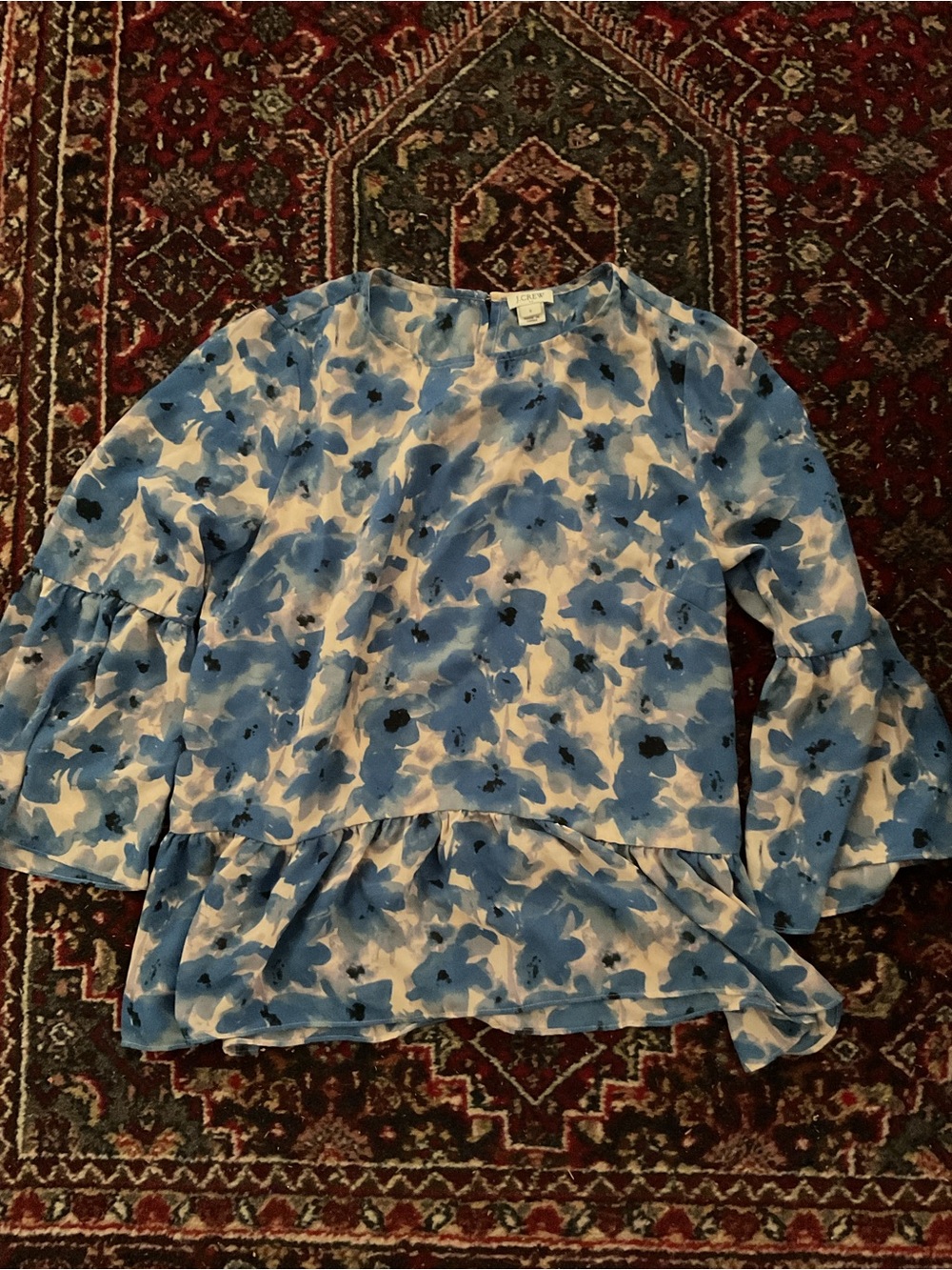 J. Crew Blue and White Floral Ruffle-Hem Blouse